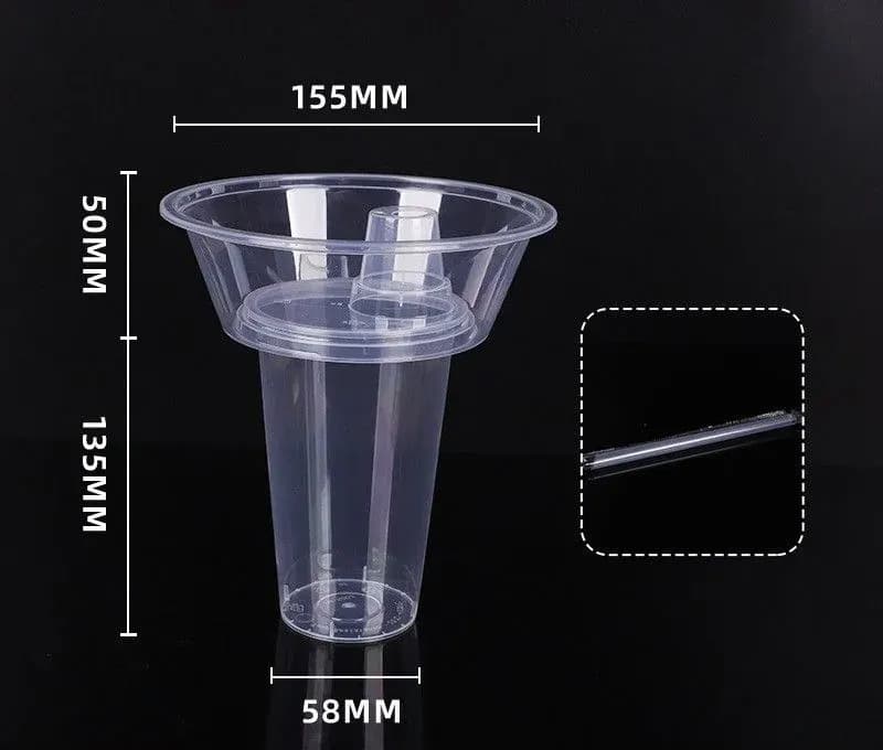 Dimension drawing: bowl 155 mm across and 50 mm deep, cup 135 mm tall with a 58 mm base, and the straw