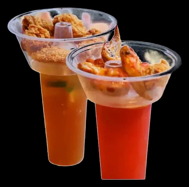 Two Cupify sets: fried chicken in the clear snack bowls, iced drinks in the cups below, a straw through the middle of each bowl
